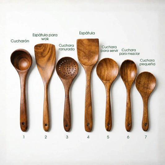 Juego Woodmera de 7 utensilios de acacia con nombres en español