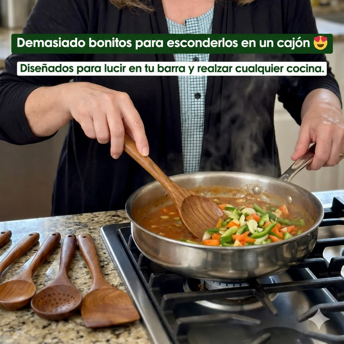 Utensilios de acacia Woodmera en una cocina